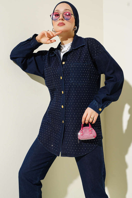 Front Stone Gold Buttoned Denim Two Piece Set Navy Blue