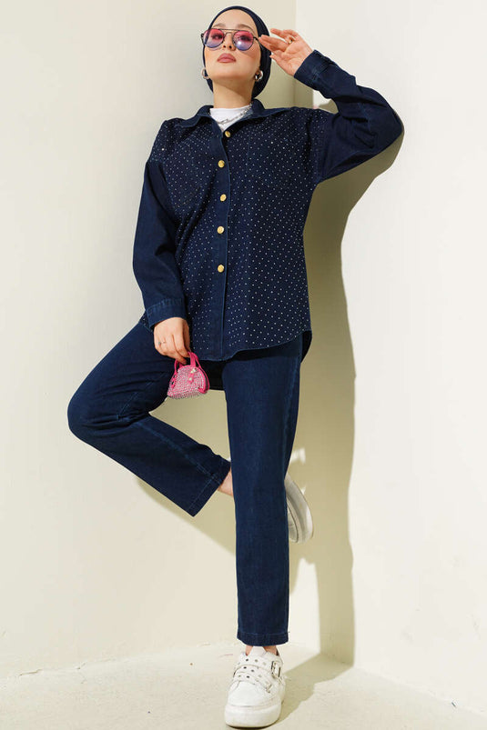 Front Stone Gold Buttoned Denim Two Piece Set Navy Blue