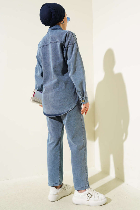 طقم جينز من قطعتين بأزرار ذهبية من فرونت ستون، أزرق