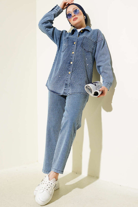 طقم جينز من قطعتين بأزرار ذهبية من فرونت ستون، أزرق