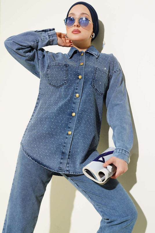 طقم جينز من قطعتين بأزرار ذهبية من فرونت ستون، أزرق