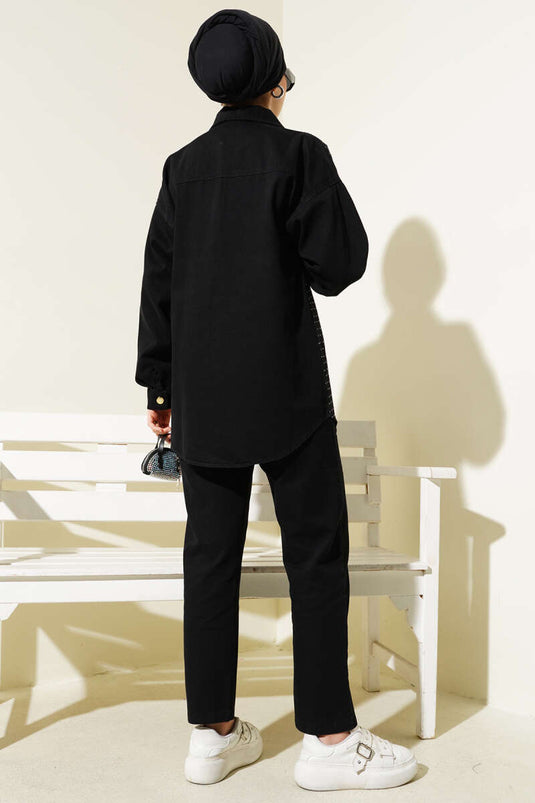 Önü Taşlı Gold Düğmeli Kot İkili Takım Siyah