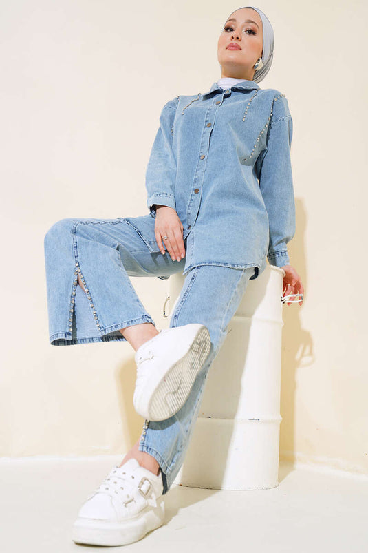 Jeanshemd-Set mit Steinmuster, Eisblau