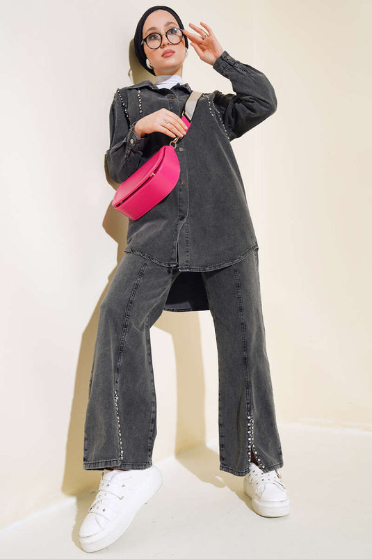 Stoned Denim Shirt Set Smoke Color