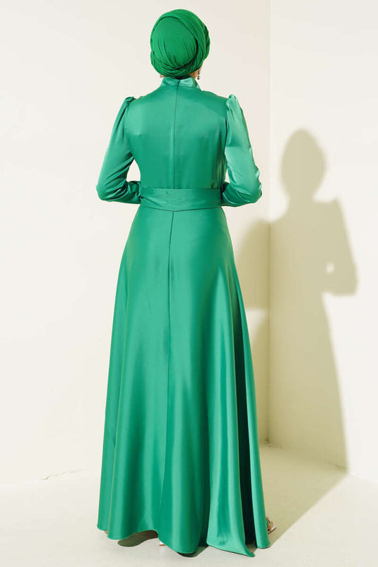 Front Stone Belt Satin Evening Dress Benetton