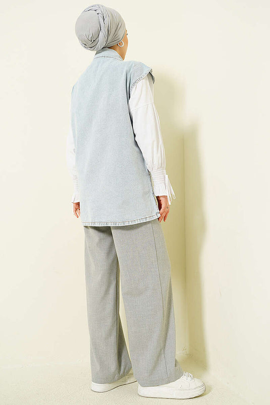 Light Gray Denim Vest with Front Stone-Studded Metal Buttons