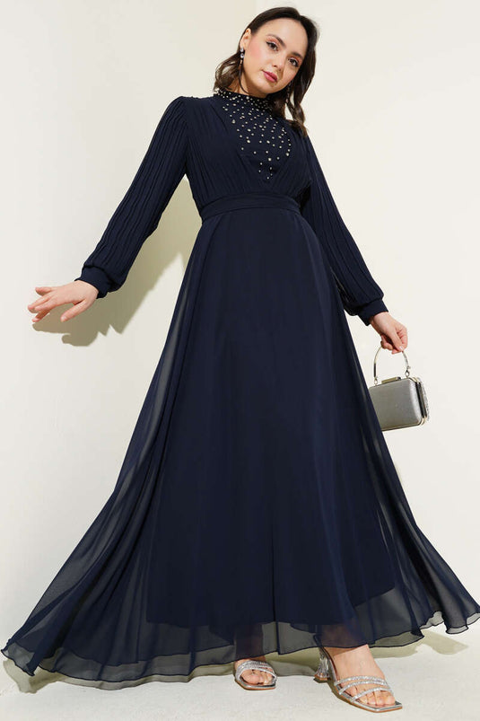 Pleated Chiffon Dress with Stones on the Front Navy Blue