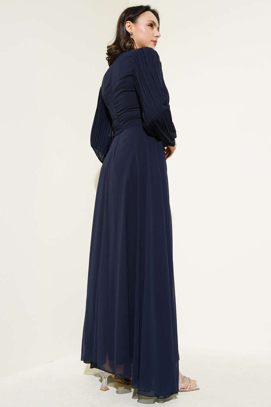 Pleated Chiffon Dress with Stones on the Front Navy Blue