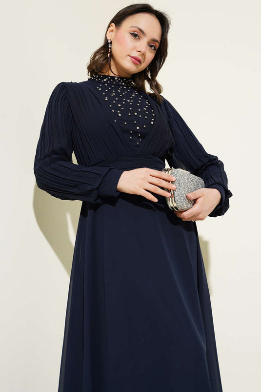 Pleated Chiffon Dress with Stones on the Front Navy Blue