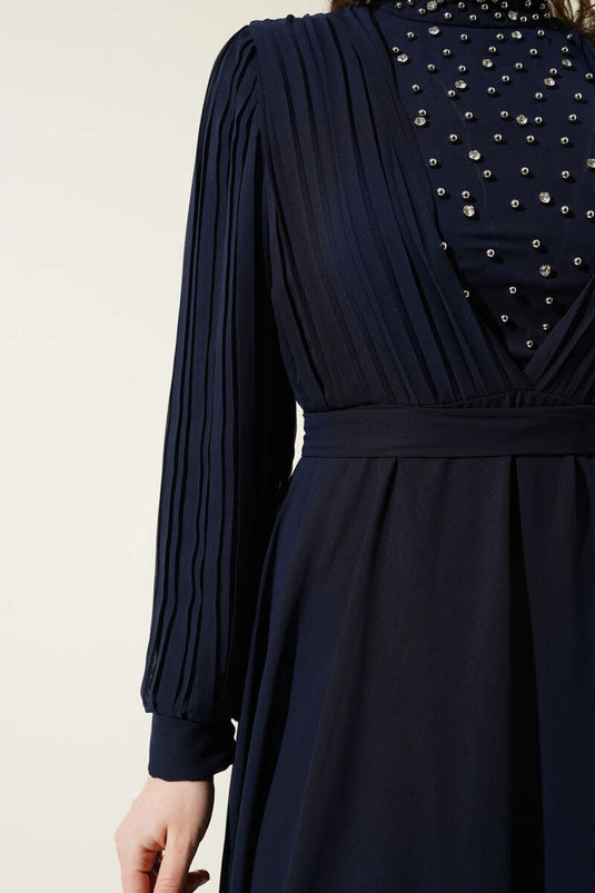 Pleated Chiffon Dress with Stones on the Front Navy Blue