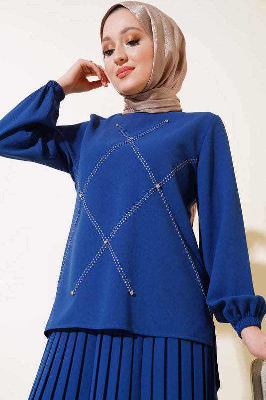 Ensemble double en crêpe avec décoration en pierre sur le devant, Indigo