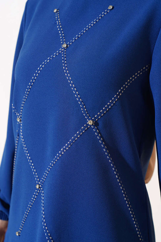 Ensemble double en crêpe avec décoration en pierre sur le devant, Indigo