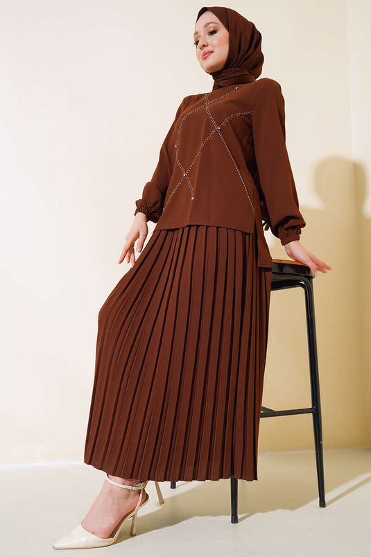 Ensemble double en crêpe décoré de pierres marron