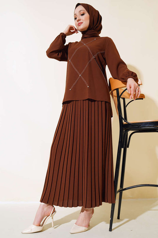 Ensemble double en crêpe décoré de pierres marron