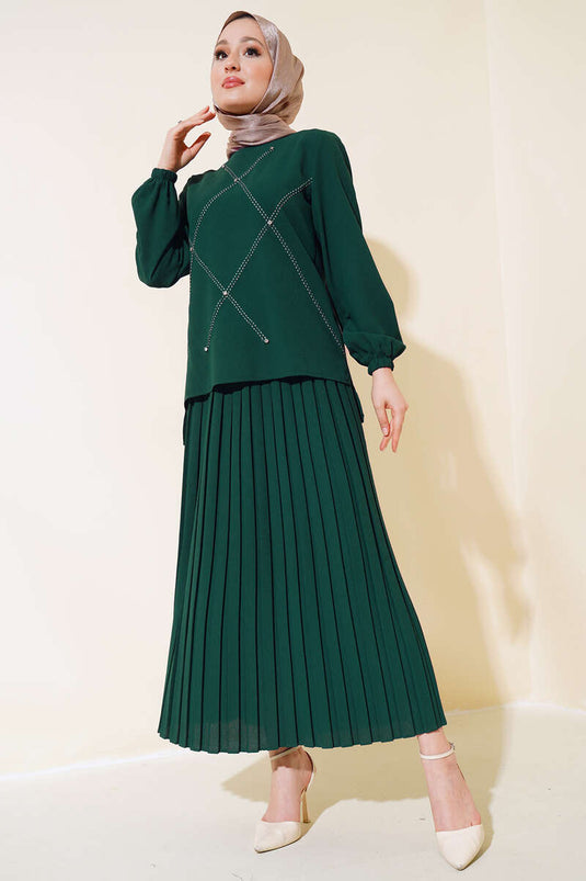 Ensemble double en crêpe avec décoration en pierre sur le devant, émeraude