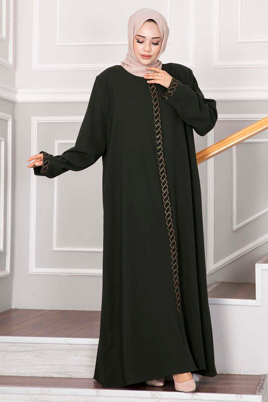 Stone-Embellished Hijab Abaya Khaki