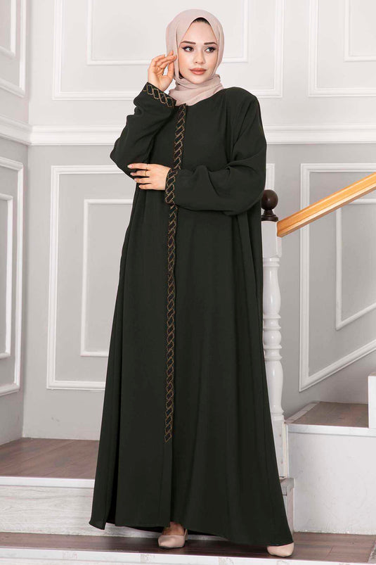 Stone-Embellished Hijab Abaya Khaki