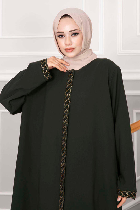 Stone-Embellished Hijab Abaya Khaki