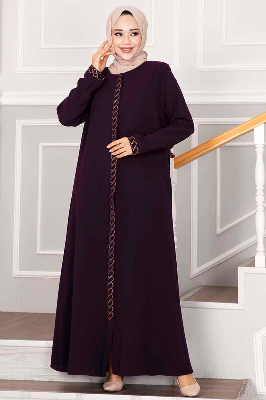 Stone-Embellished Hijab Abaya in Purple