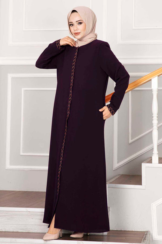 Stone-Embellished Hijab Abaya in Purple