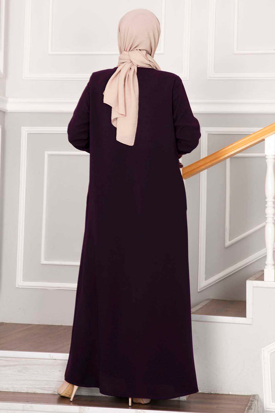 Stone-Embellished Hijab Abaya in Purple