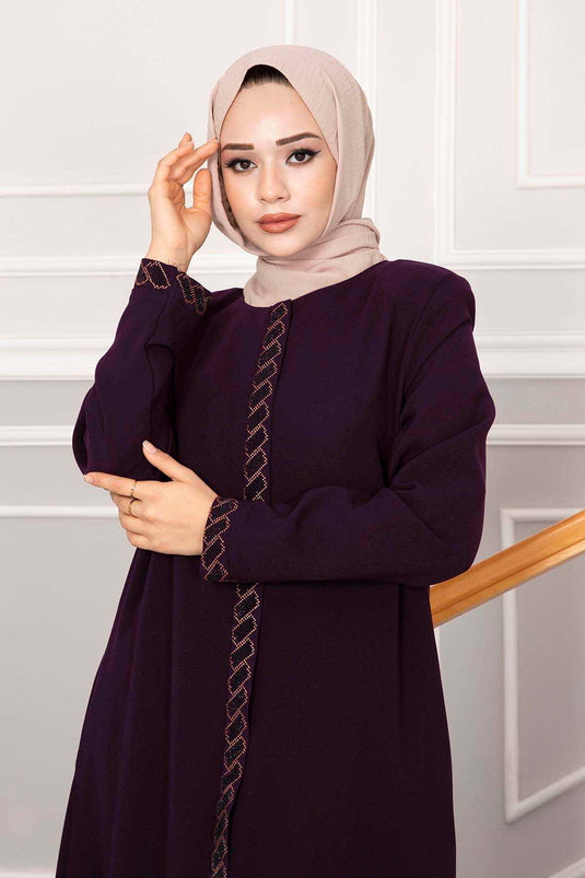 Stone-Embellished Hijab Abaya in Purple