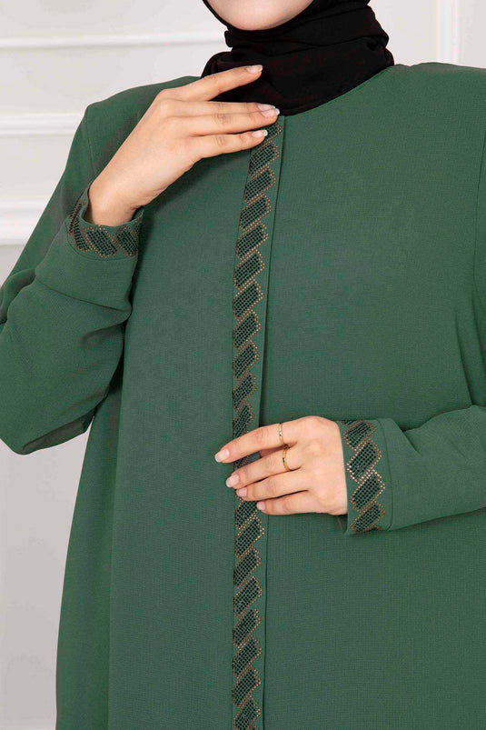 Stone Embellished Hijab Abaya Green