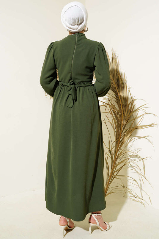 Front Tulle Flowered Belted Dress Khaki