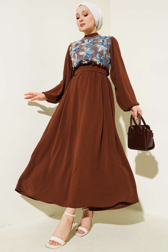 Dress with Tulle Flowered Belt Brown