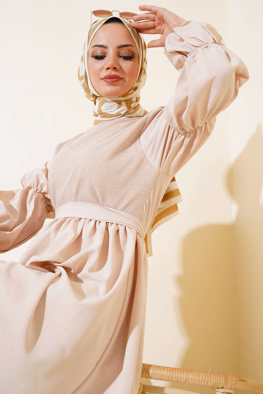 Beige Dress with Tulle Detail