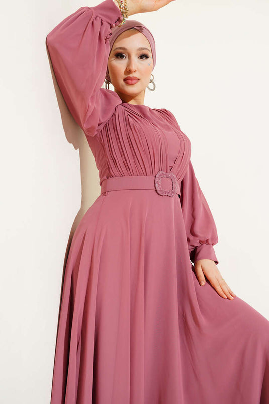 فستان سهرة بحزام مطوي على شكل حرف V - لون وردي باهت