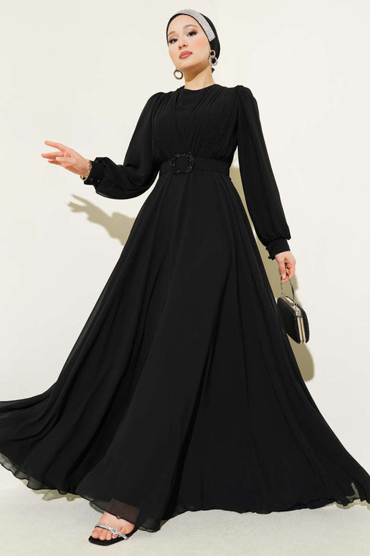 Robe de soirée plissée à ceinture et devant en V, noire