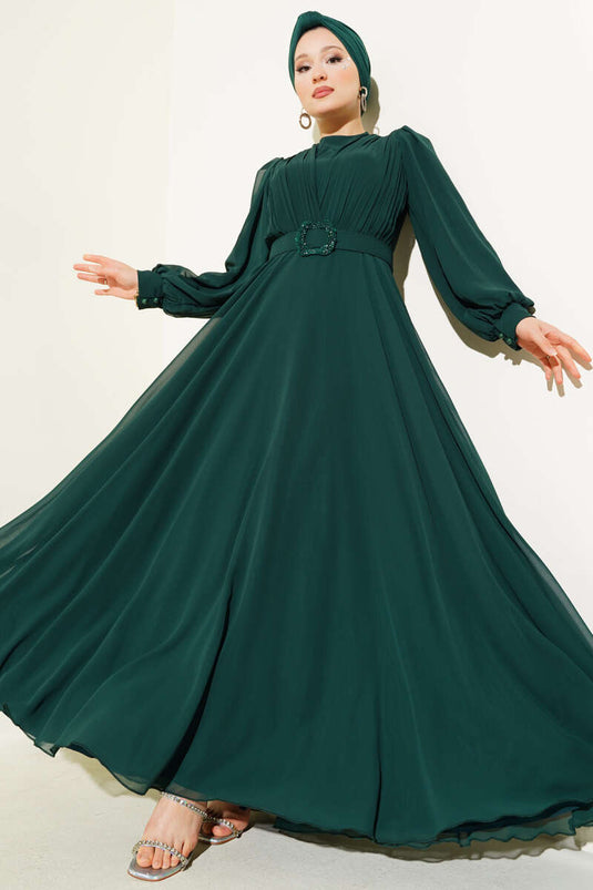 V-Front Pleated Belted Evening Dress Emerald