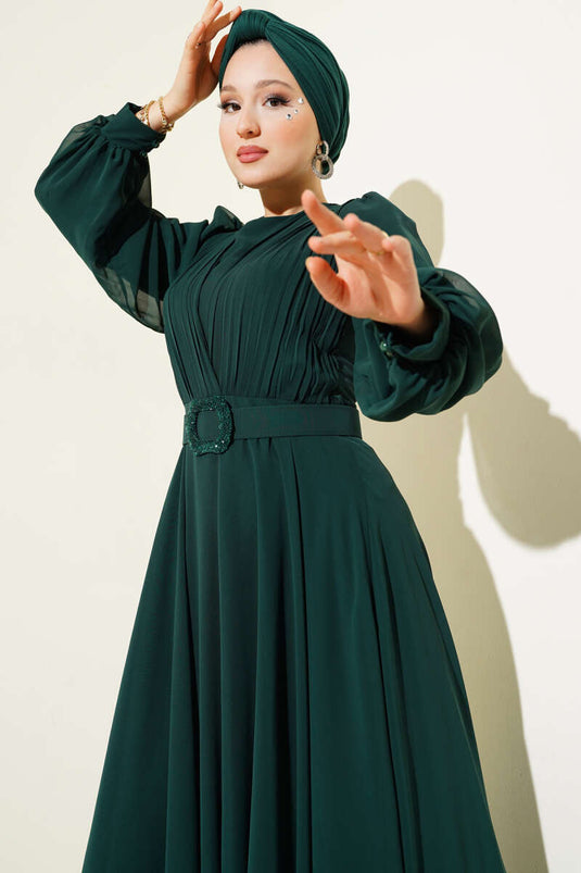 V-Front Pleated Belted Evening Dress Emerald