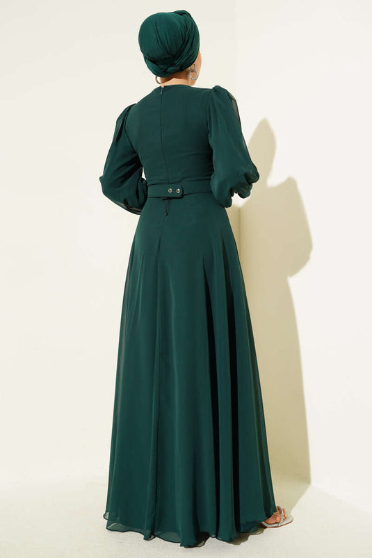 V-Front Pleated Belted Evening Dress Emerald