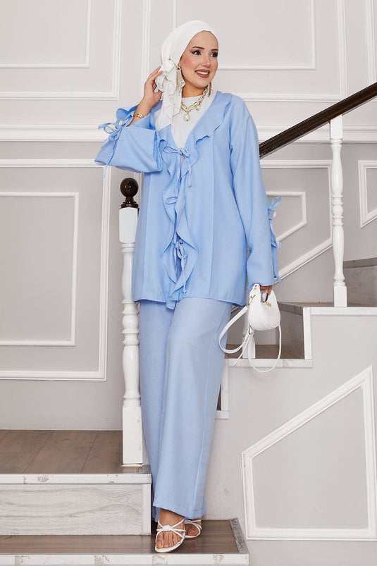 طقم مكون من قطعتين بتفاصيل دانتيل في الأمام والأكمام - أزرق فاتح