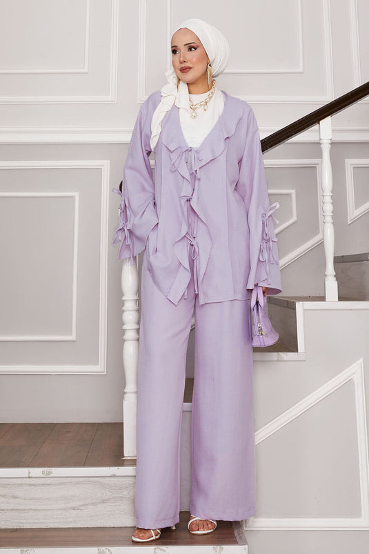 بدلة مكونة من قطعتين بتفاصيل دانتيل في الأمام والأكمام - أرجواني