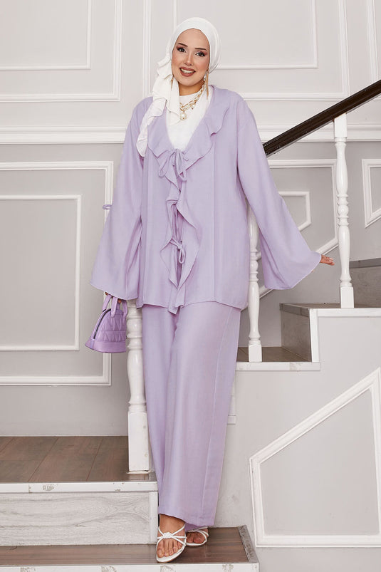 بدلة مكونة من قطعتين بتفاصيل دانتيل في الأمام والأكمام - أرجواني