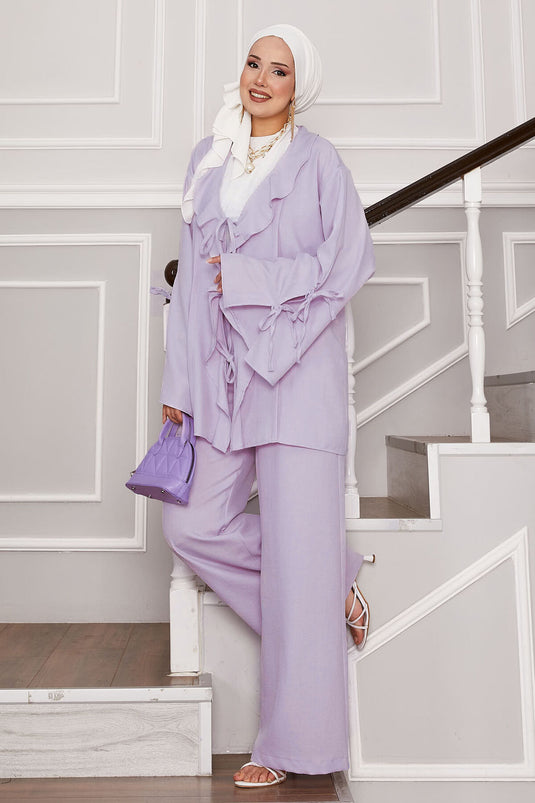 بدلة مكونة من قطعتين بتفاصيل دانتيل في الأمام والأكمام - أرجواني