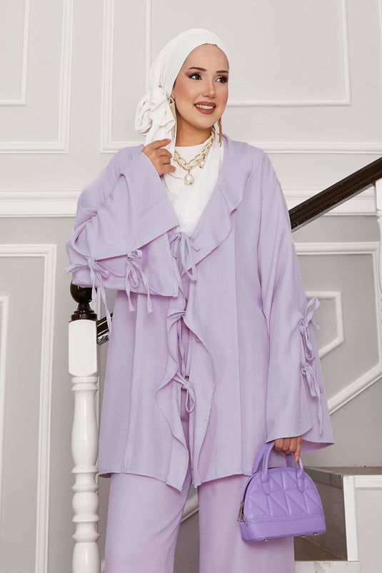 بدلة مكونة من قطعتين بتفاصيل دانتيل في الأمام والأكمام - أرجواني