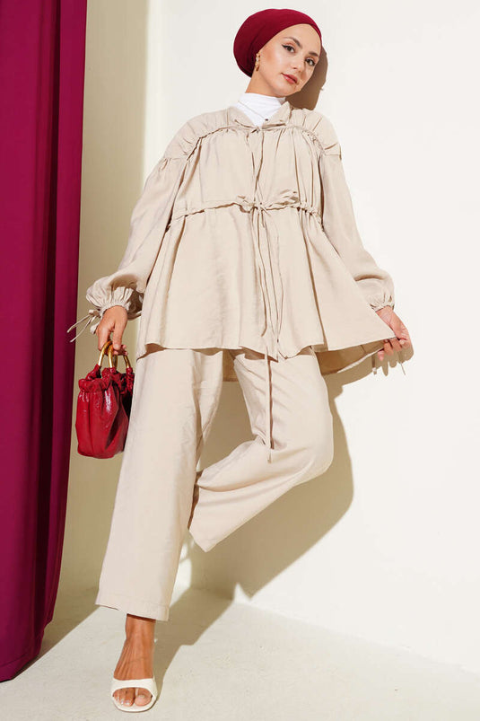 Two Piece Set with Laced Front and Sleeves, Beige