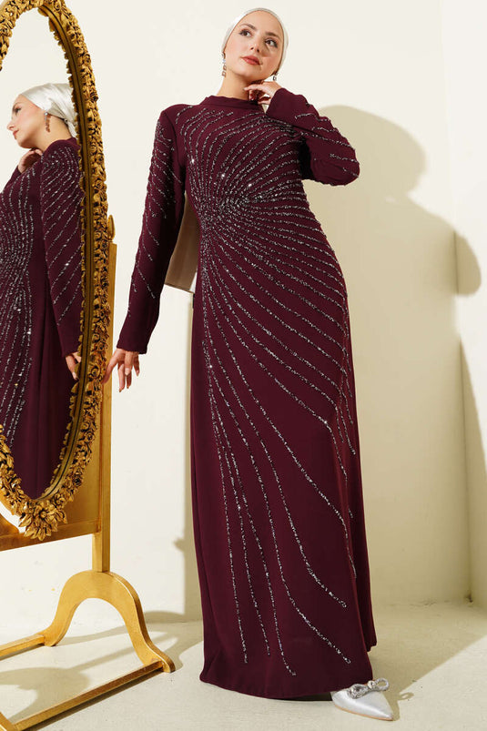 Burgundy Dress with Stone Embellished Front and Sleeves