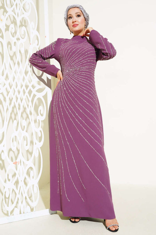 Dress with Stone Embellished Sleeves and Front Magenta
