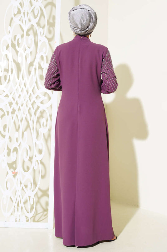 Dress with Stone Embellished Sleeves and Front Magenta