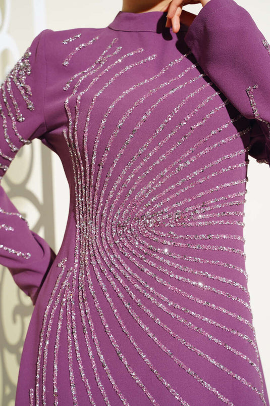 Dress with Stone Embellished Sleeves and Front Magenta