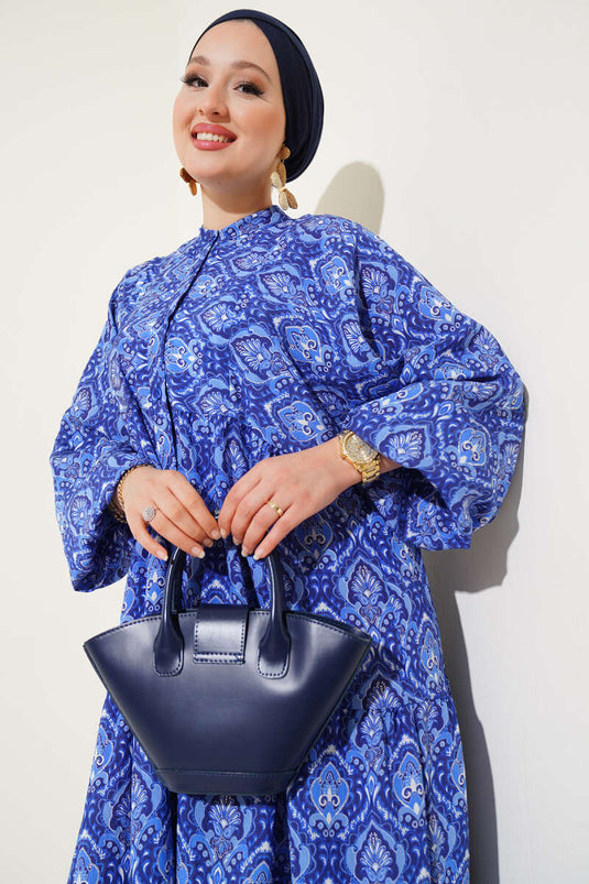 Half Button Front Patterned Floor Dress Navy Blue