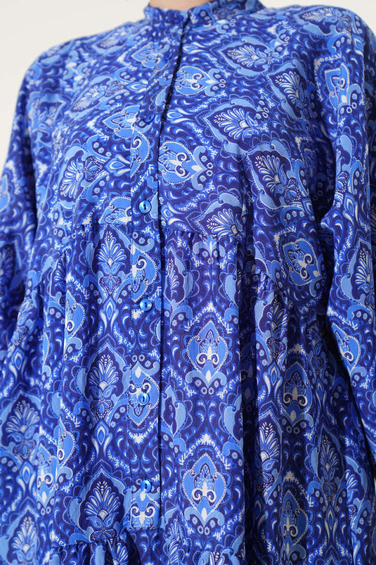 Half Button Front Patterned Floor Dress Navy Blue