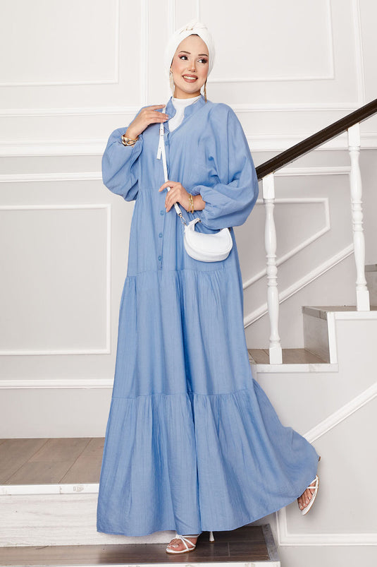 Önü Yarım Düğmeli Kat Kat Elbise Bebe Mavisi