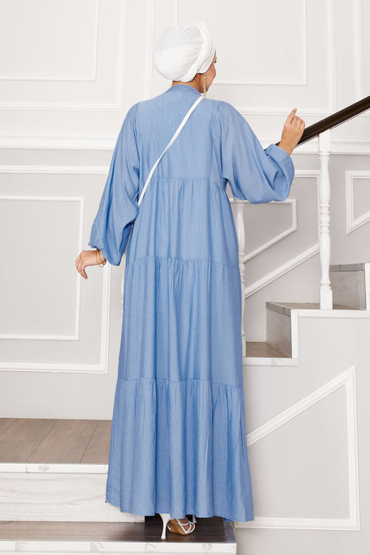 Önü Yarım Düğmeli Kat Kat Elbise Bebe Mavisi