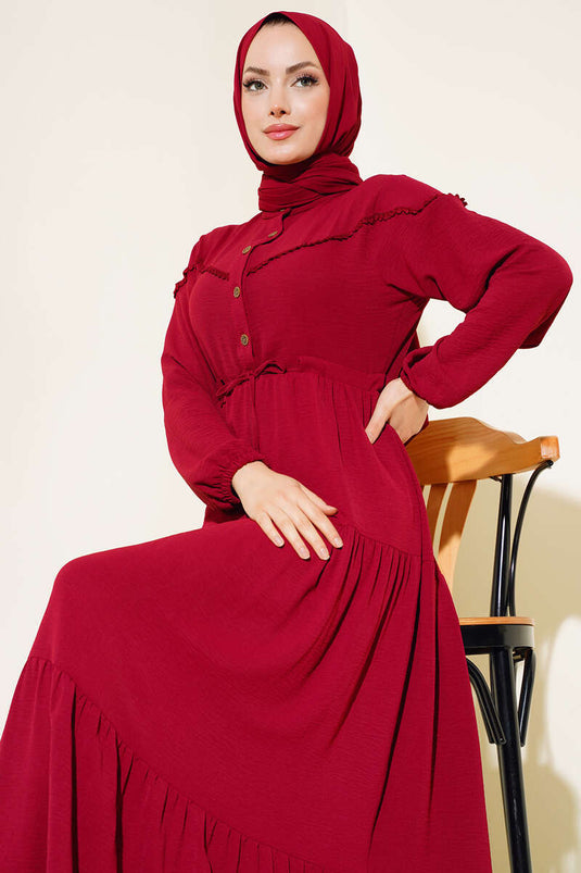 Half-Buttoned Layered Dress in Burgundy